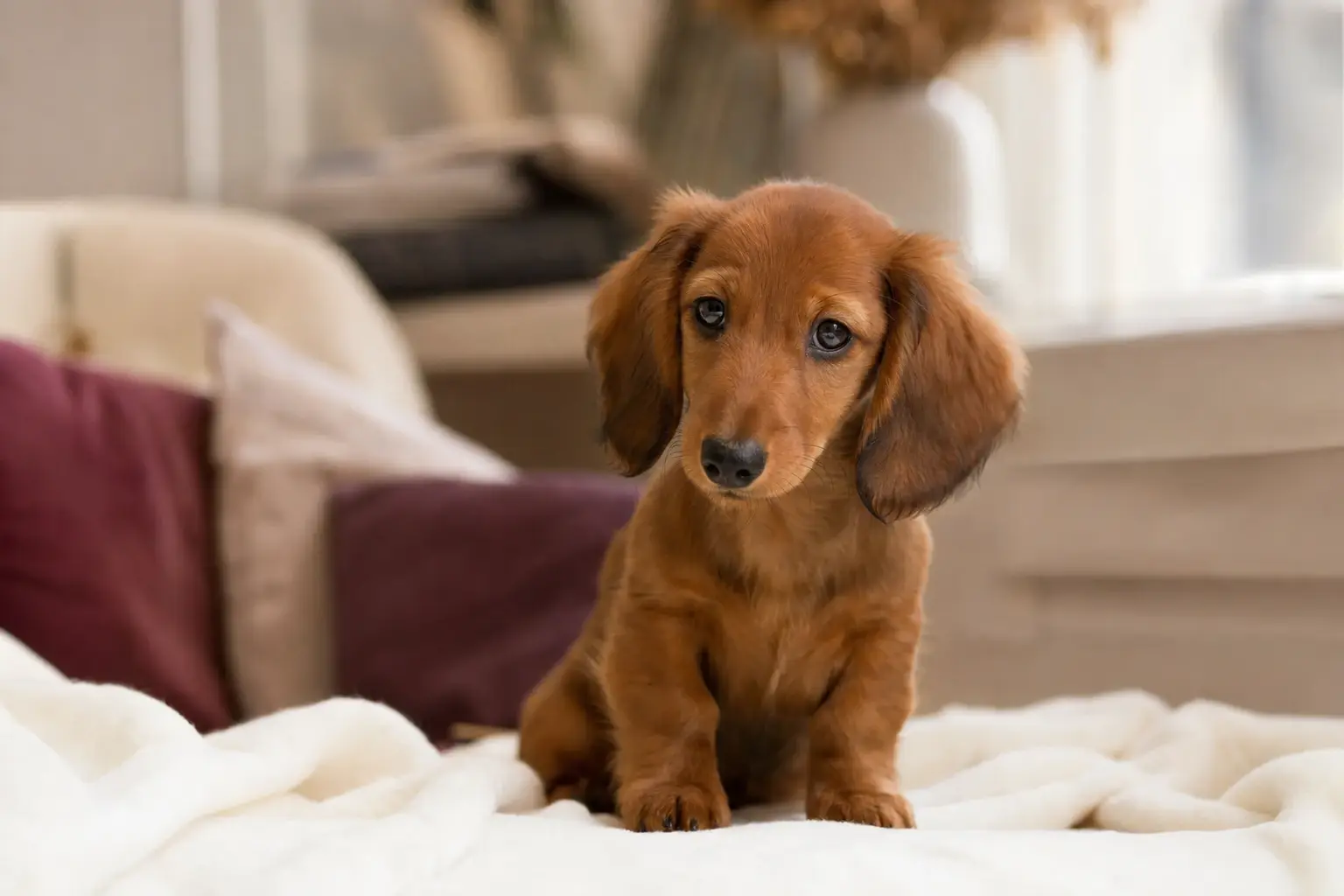 Un teckel à poil long fauve et un caniche nain gris côte à côte sur une table de toiletteur, lumière douce de fin d’après-midi venant d’une baie vitrée, cadrage en plan rapproché à hauteur de table.