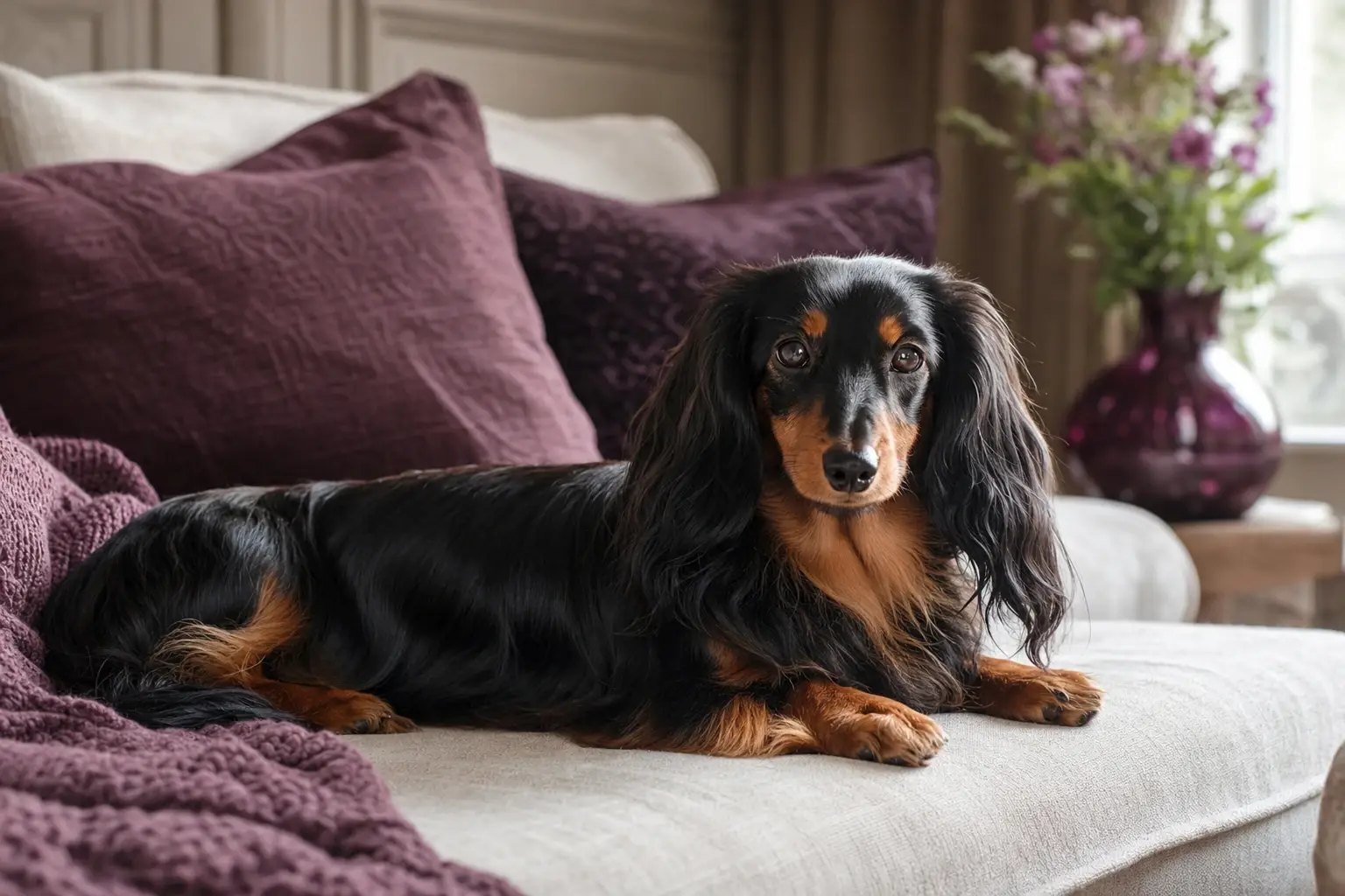 Un teckel à poil long assis sur un parquet en chêne près d’une laisse posée, lumière douce de fin d’après-midi entrant par une fenêtre, cadrage serré à hauteur de chien.