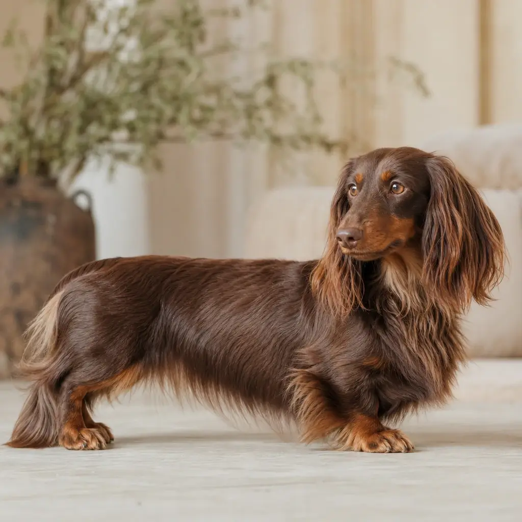 Un pedigree LOF déplié sur une table en bois clair, près d’une carte de puce d’identification canine, sous la lumière douce d’une fenêtre en fin d’après-midi, cadrage en plongée rapprochée.